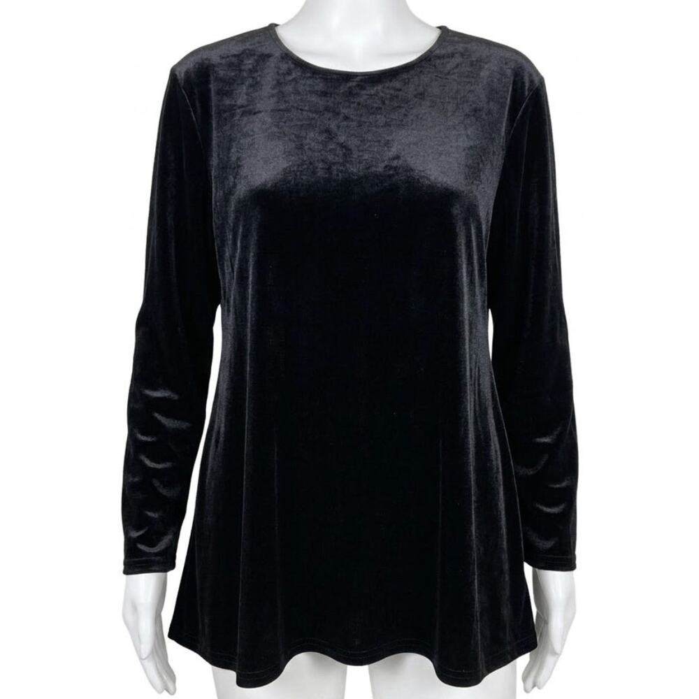 Vintage YETTS Blouse L Black Velvet Long Sleeve Tunic Shoulder Pads Made in USA
